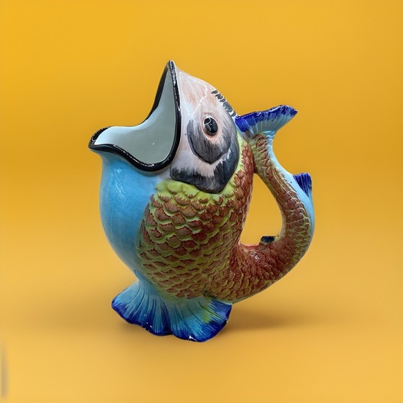 The Unbranded Brand Other - Vtg Hand Painted Gurgle Leaping Fish‎ Jug Pitcher Vase Taiwan Decorative As Is